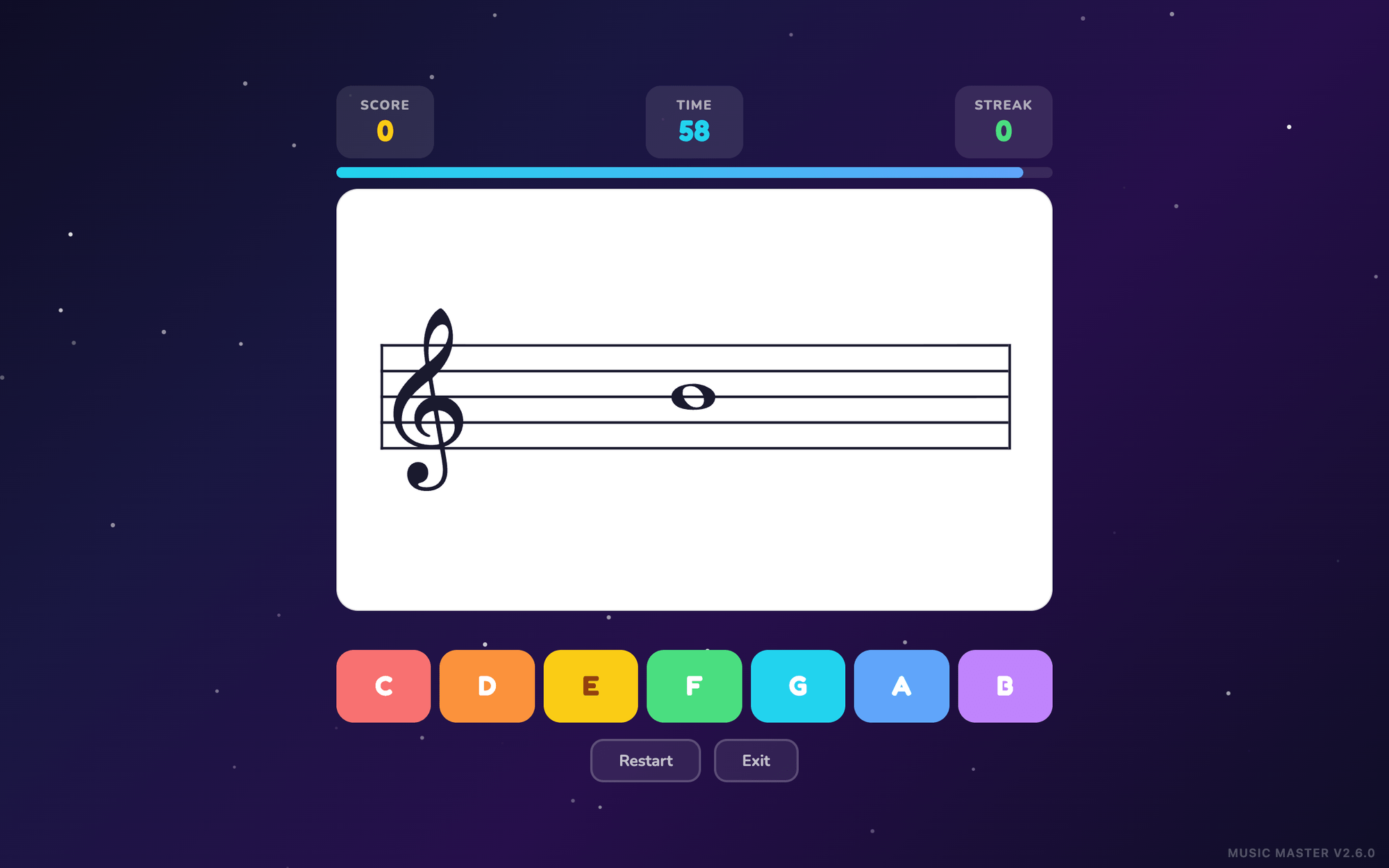 Note Ninja — a note on the treble stave with C to B answer buttons, dark theme